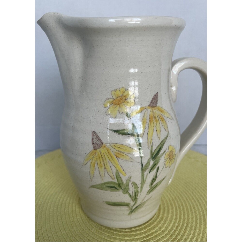 Vintage Hyalyn 905 USA Pottery Pitcher Yellow Flowers 8.5 Inches Tall